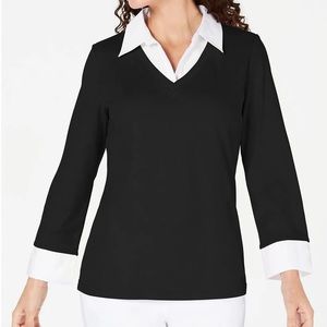Karen Scott Layered-Look Woven Black Shirt Top - Petite Large